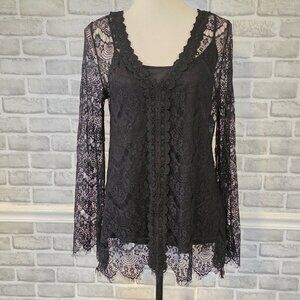 BKE Boutique Black Lace Blouse Dark Romantic Whimsigoth Feminine Layered M